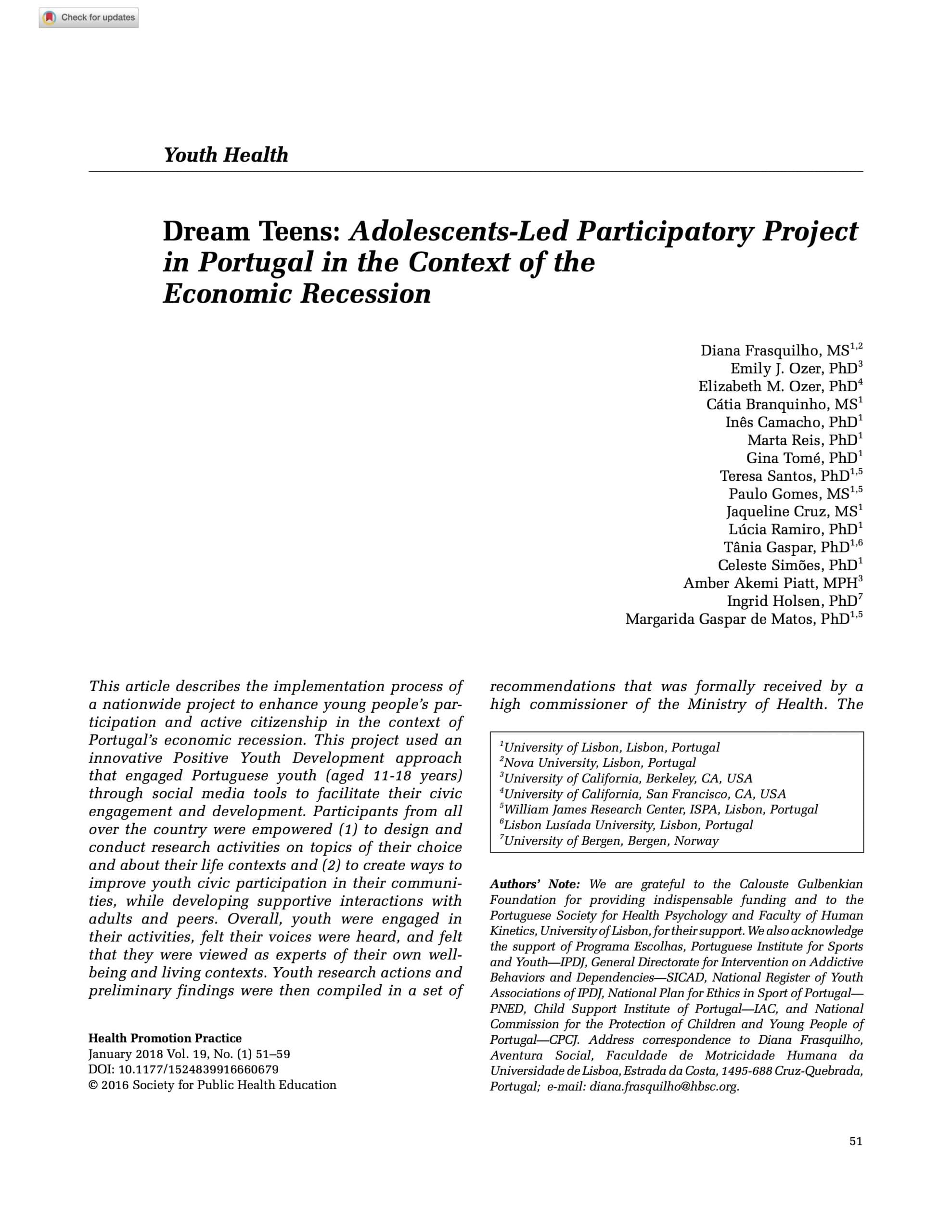 Front page of the Dream Teams article published in the journal Youth Health